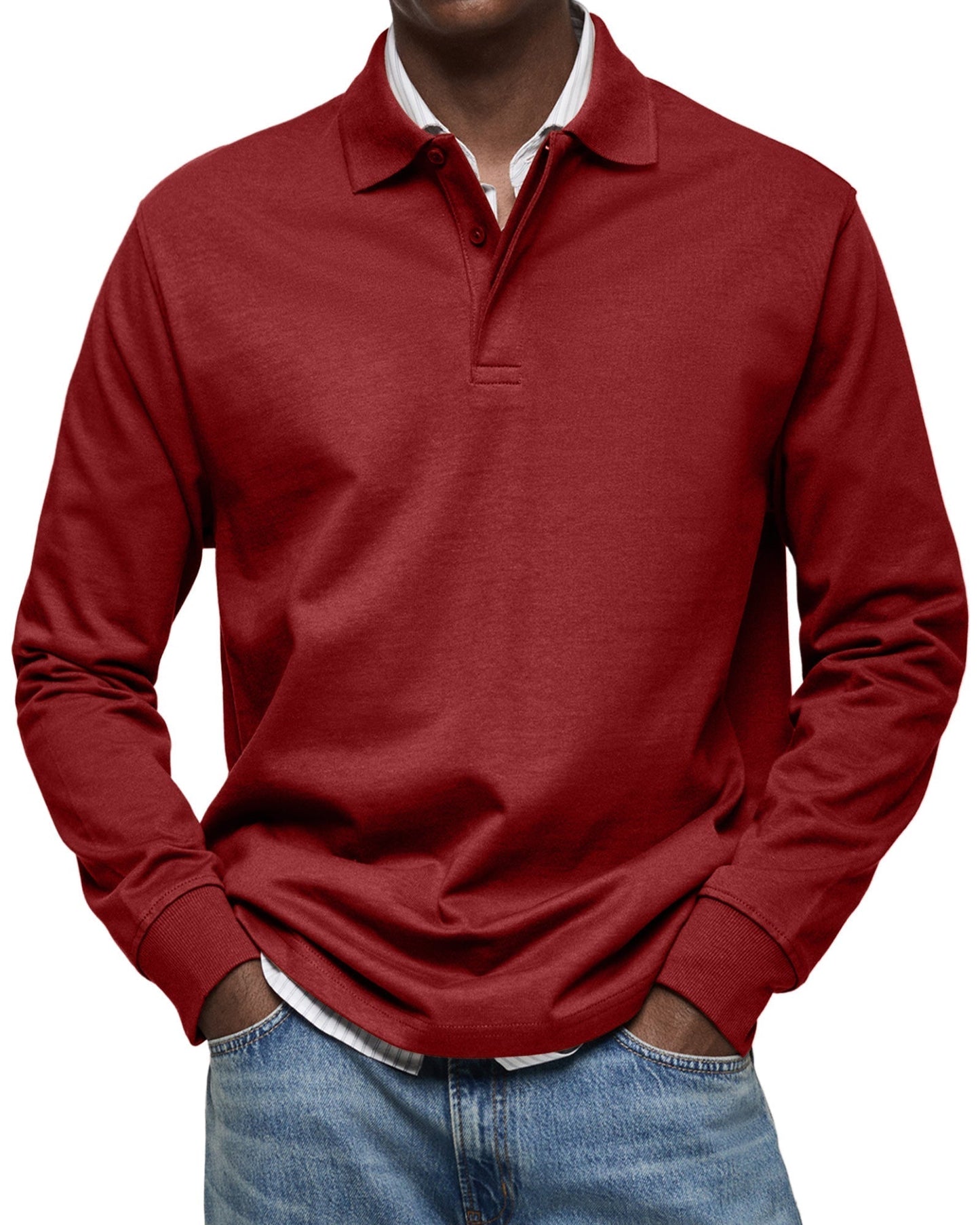 Men's Long-Sleeve Polo Shirt Cotton Button Collar