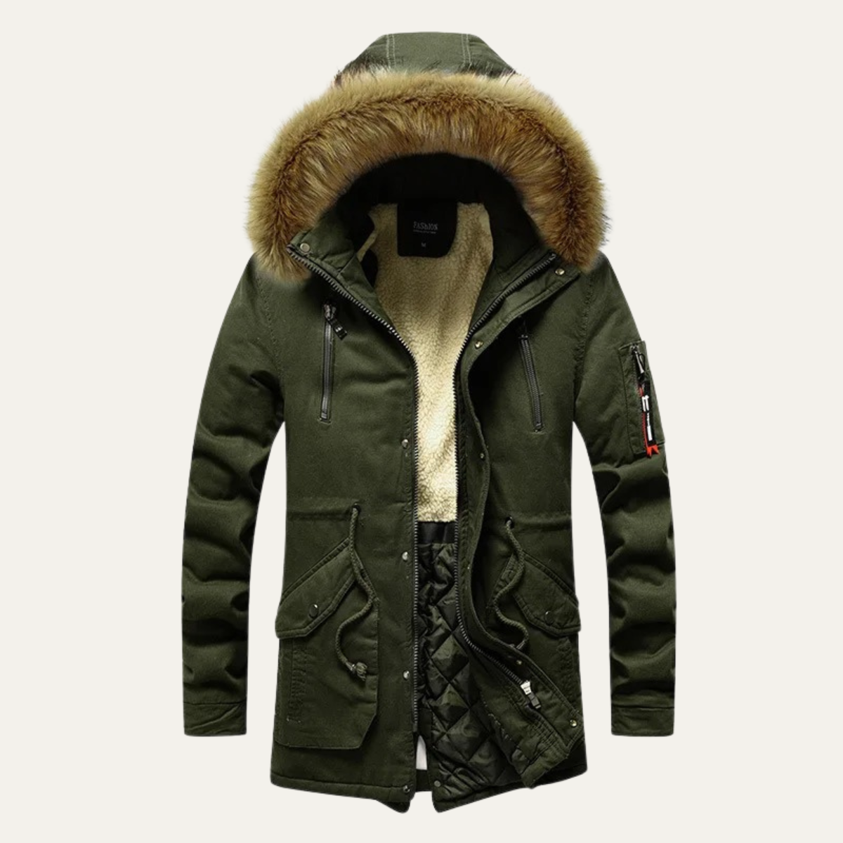 Men's Down Hooded Parka Jacket Fur Trim Black