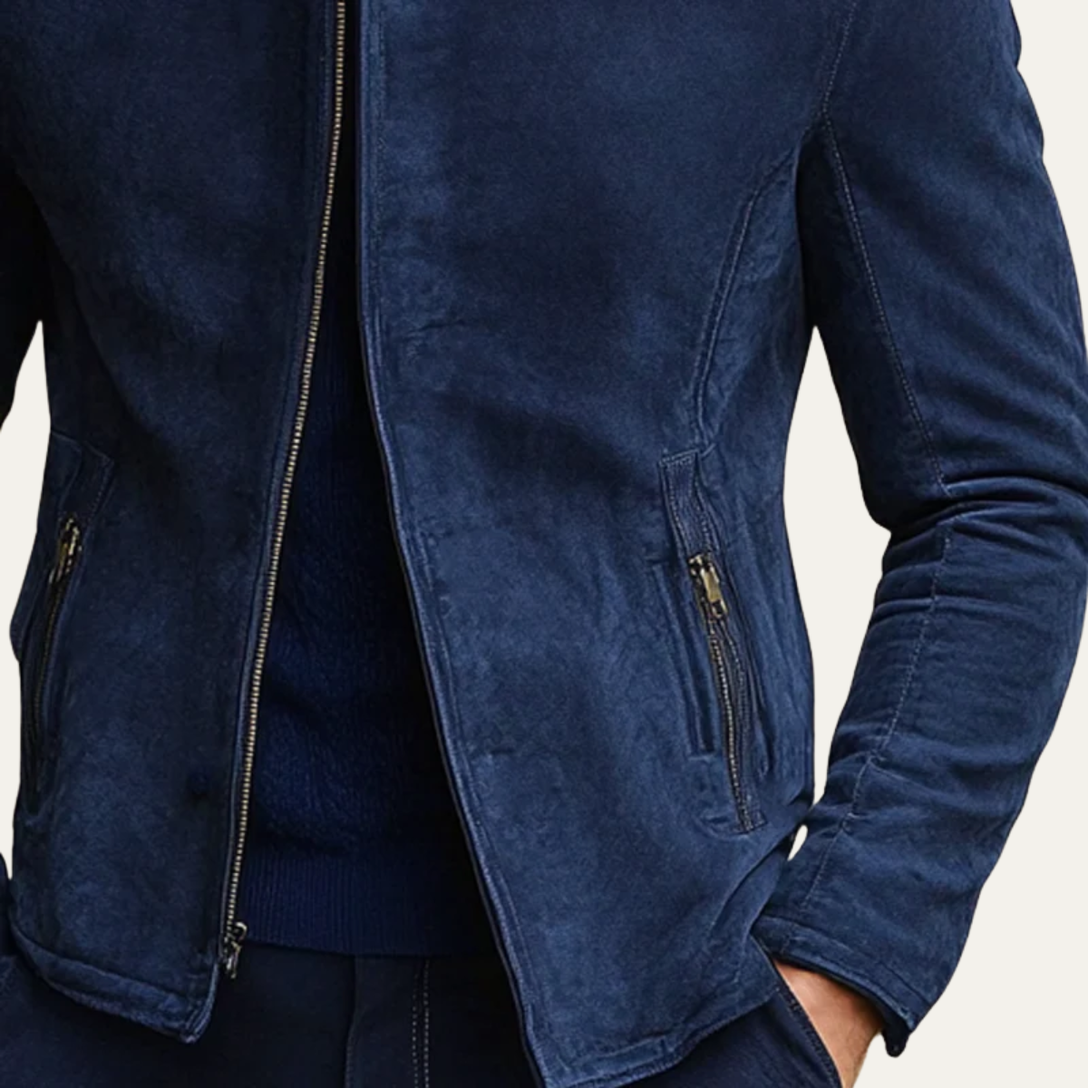 Men's Navy Suede Bomber Jacket Slim Fit Stand Collar