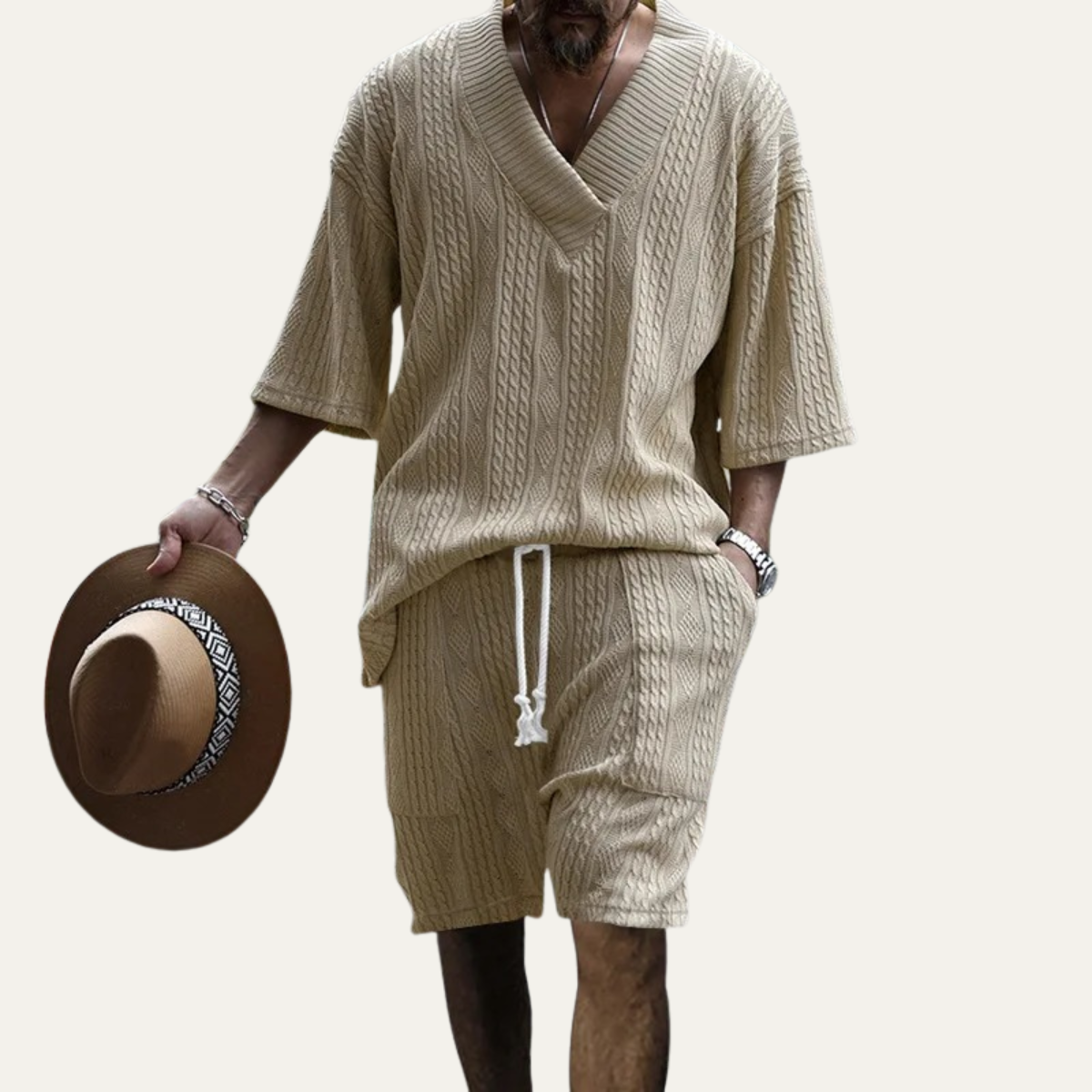 Men's Summer Knit Polo Shirt And Shorts Set Lightweight Red