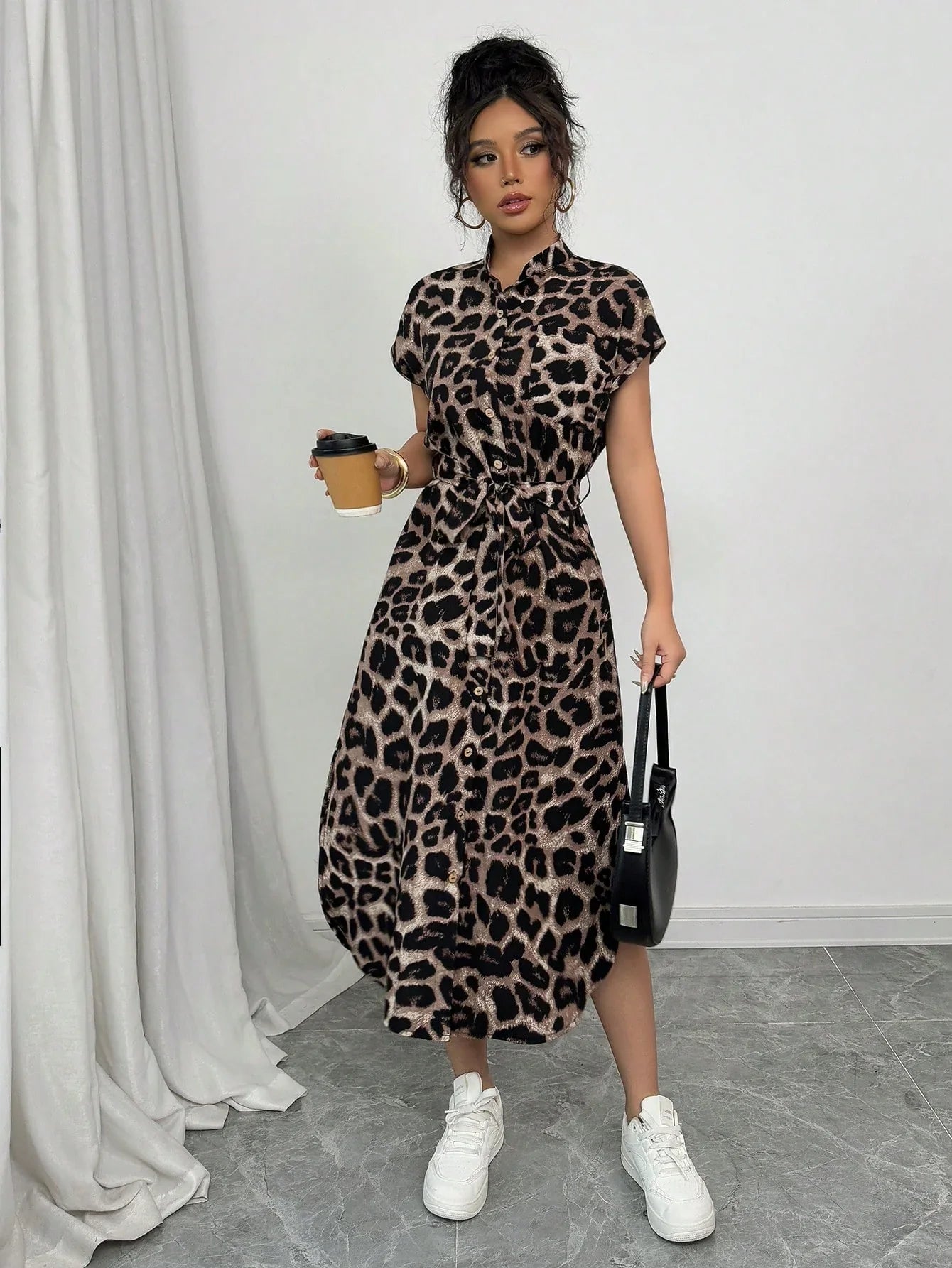 Leopard Print Front Button Shirt long dress
