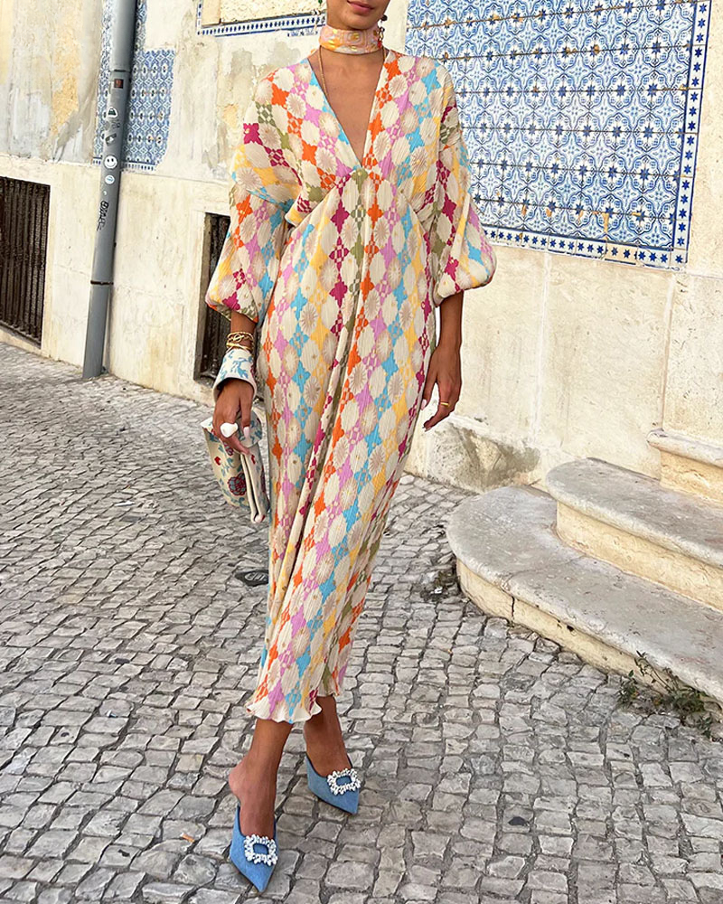 Women's Maxi Dress Puff Sleeves Vibrant Print -
Fashinoza