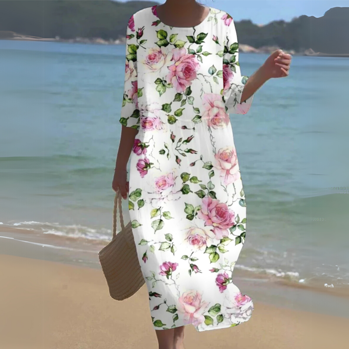 Women's Floral Round Neck Midi Dress - Fashinoza