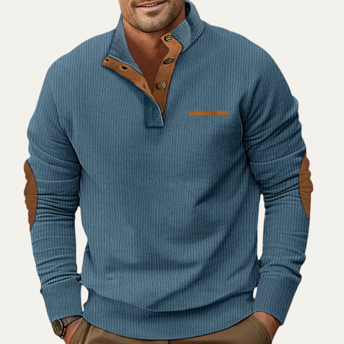 Men's Retro Corduroy Sweater Button Neck Patch Details