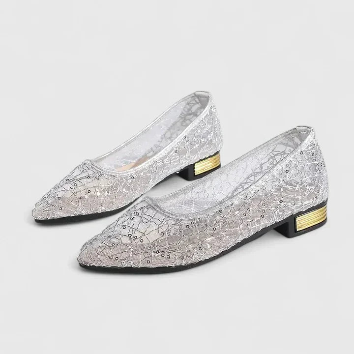 Women's Lace Pointed Toe Flats Low Block Heel