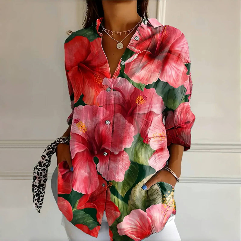 Women's Floral Print Long Sleeve Blouse - Fashinoza