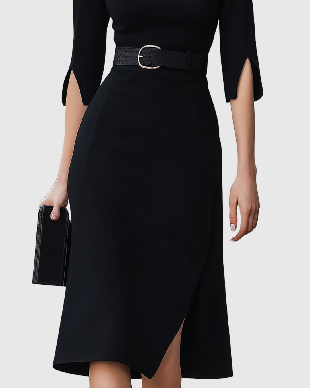 Women's Mock Neck Midi Dress Belted Split Sleeves