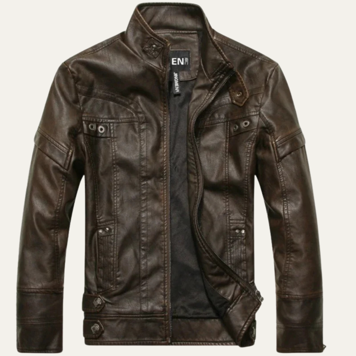 Men's Leather Biker Jacket Zip Up Classic Black