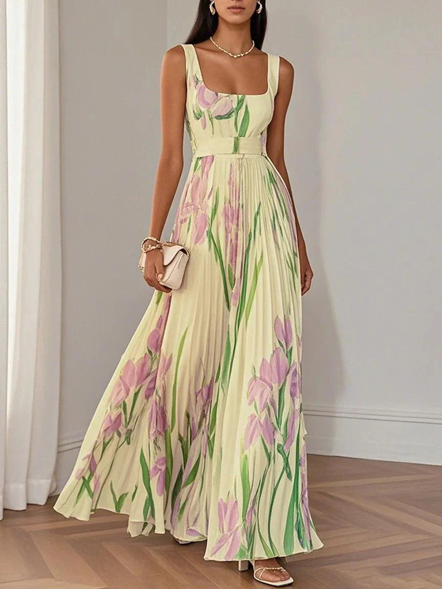 Women's Floral Maxi Dress Square Neckline Wide Straps