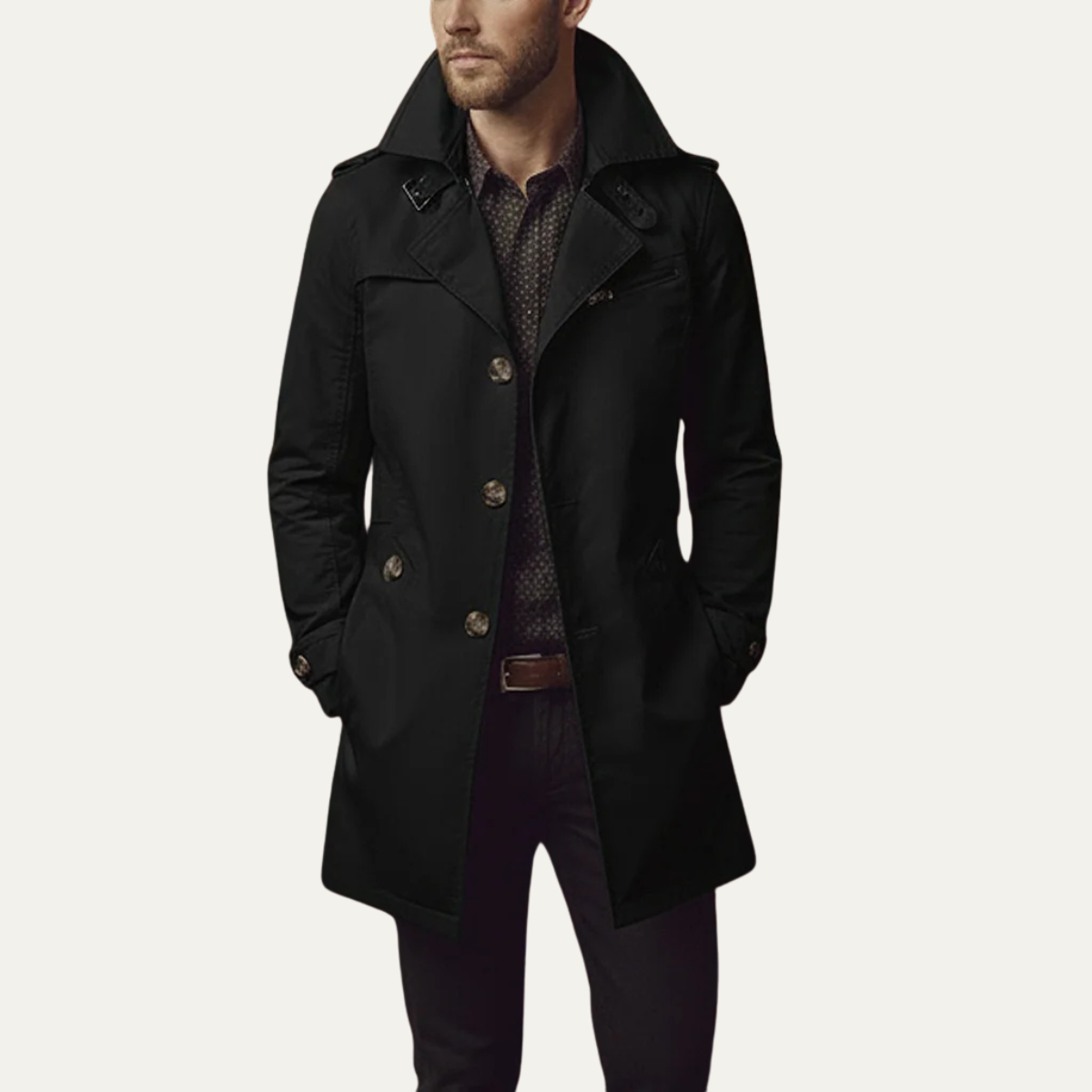 Men's Slim Fit Trench Coat Single Breasted Wool Black