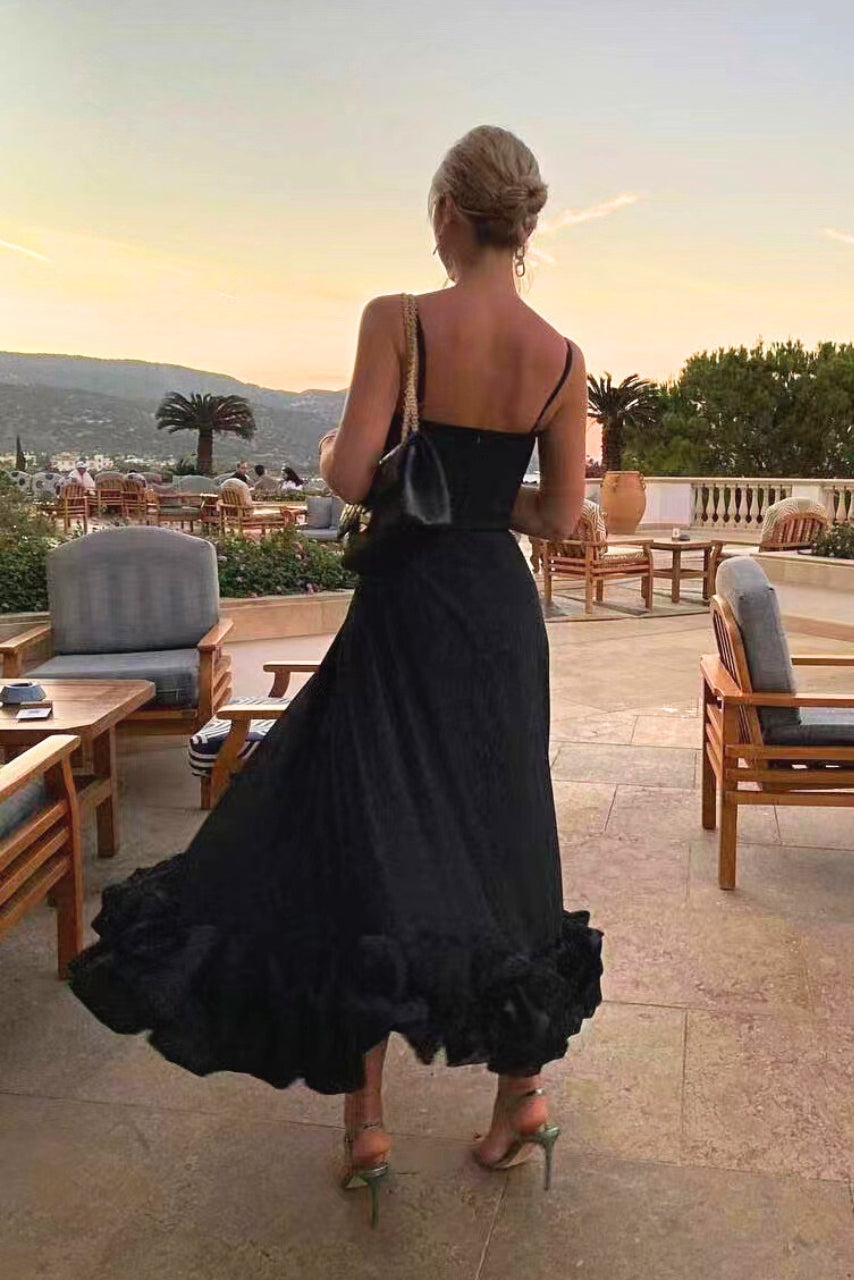 Ruffled Hem Spaghetti Strap Midi Dress