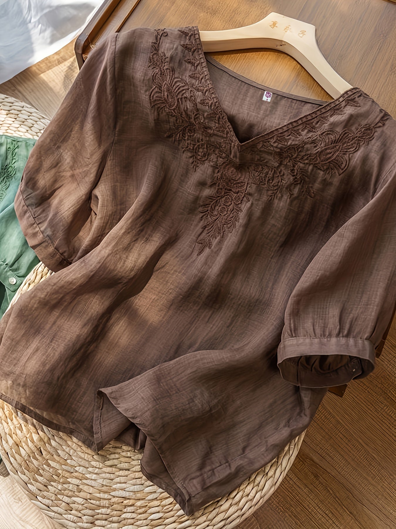 Women's Embroidered V-Neck Tunic Blouse Relaxed Fit