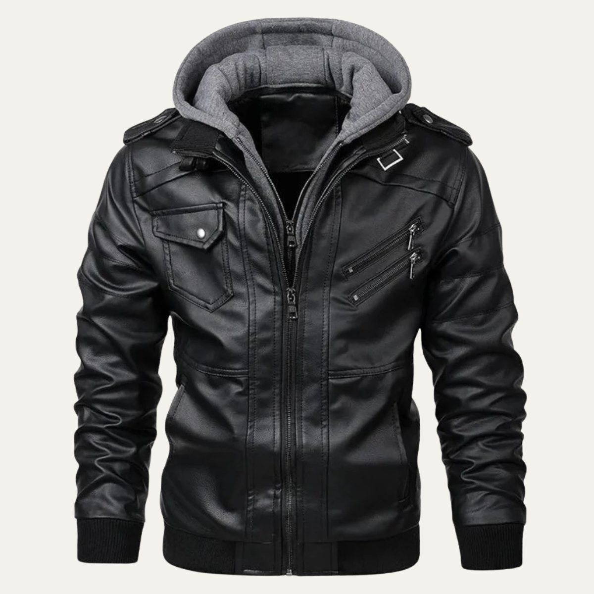 Men's Leather Biker Jacket Hooded Black