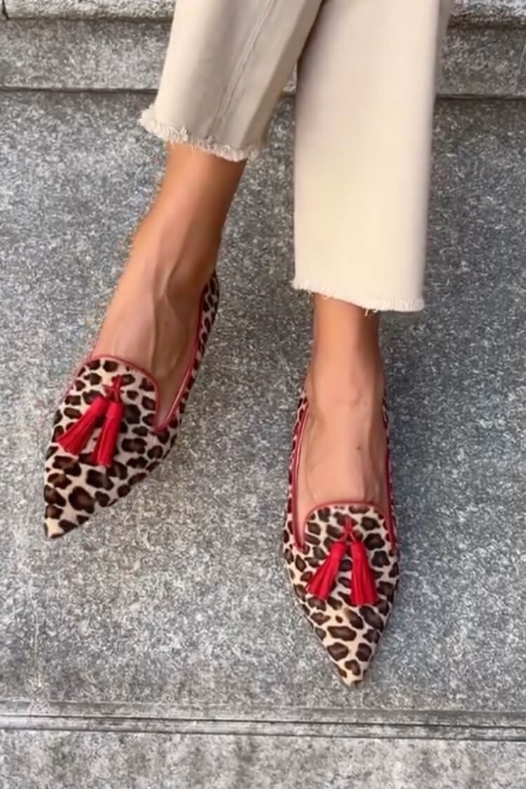 Women's Pointed Loafer Shoes Red Tassels