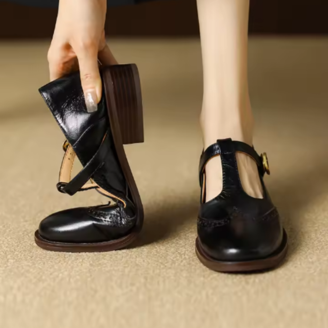 Women's Leather Mary Jane Shoes Low Block Heel