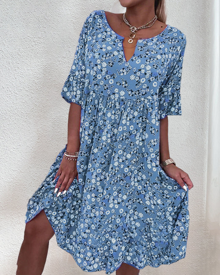Women's Floral V-Neck Short Sleeve Midi Dress