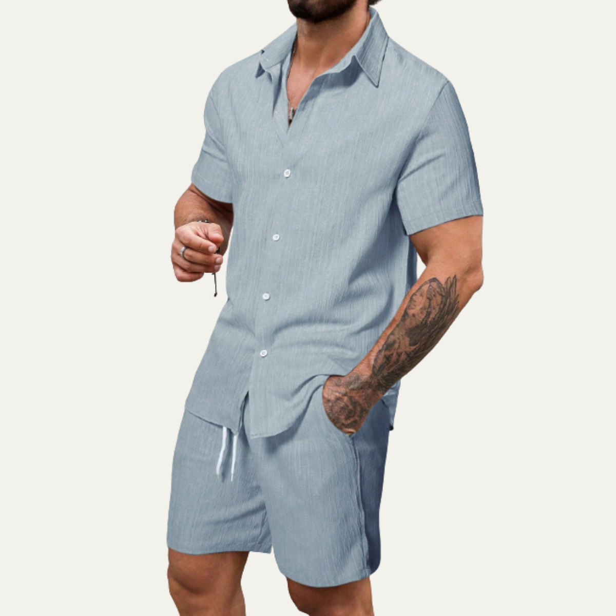 Men's Casual Button Up Shirt And Drawstring Shorts Set