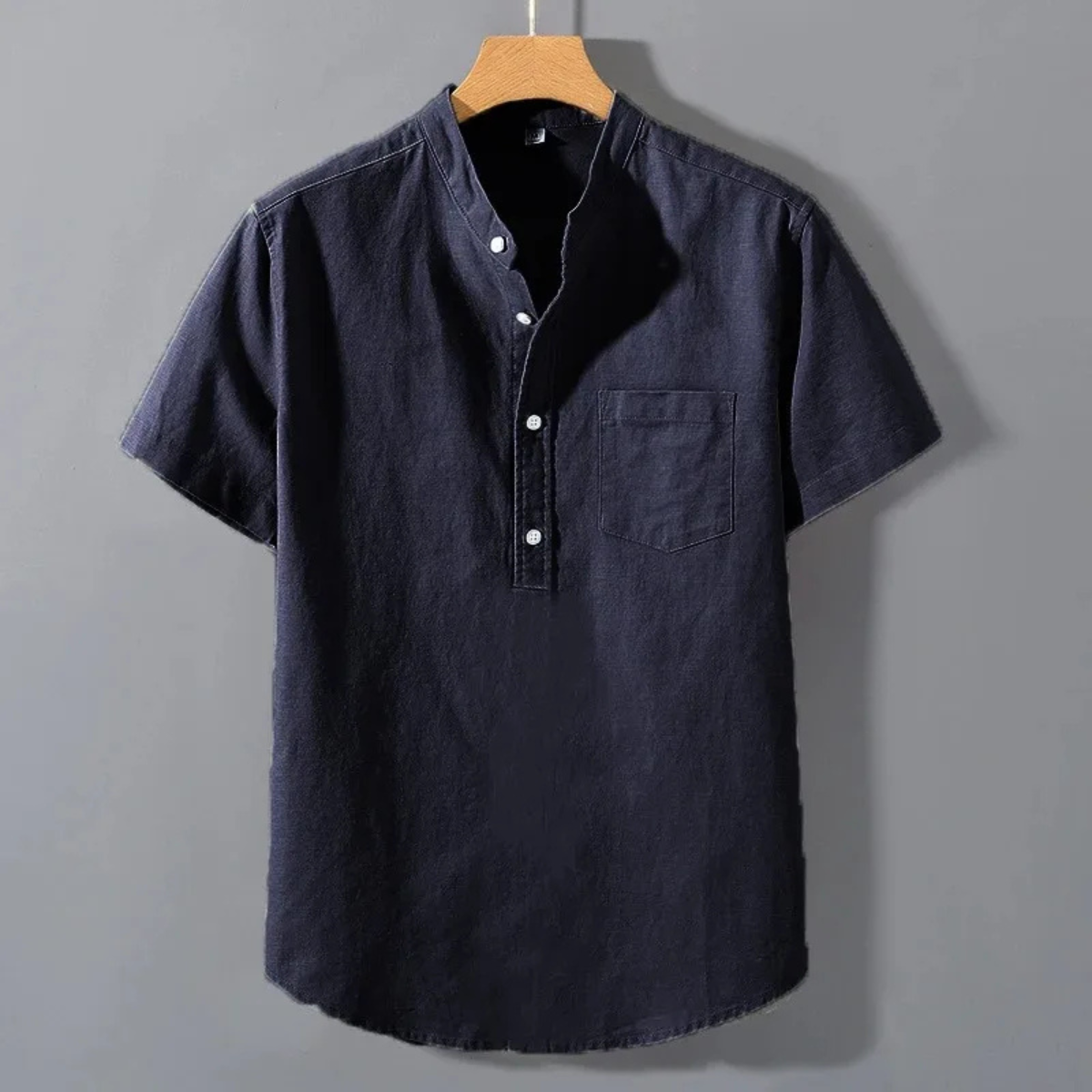 Men's Henley Shirt Stand Collar Cotton Summer Beige