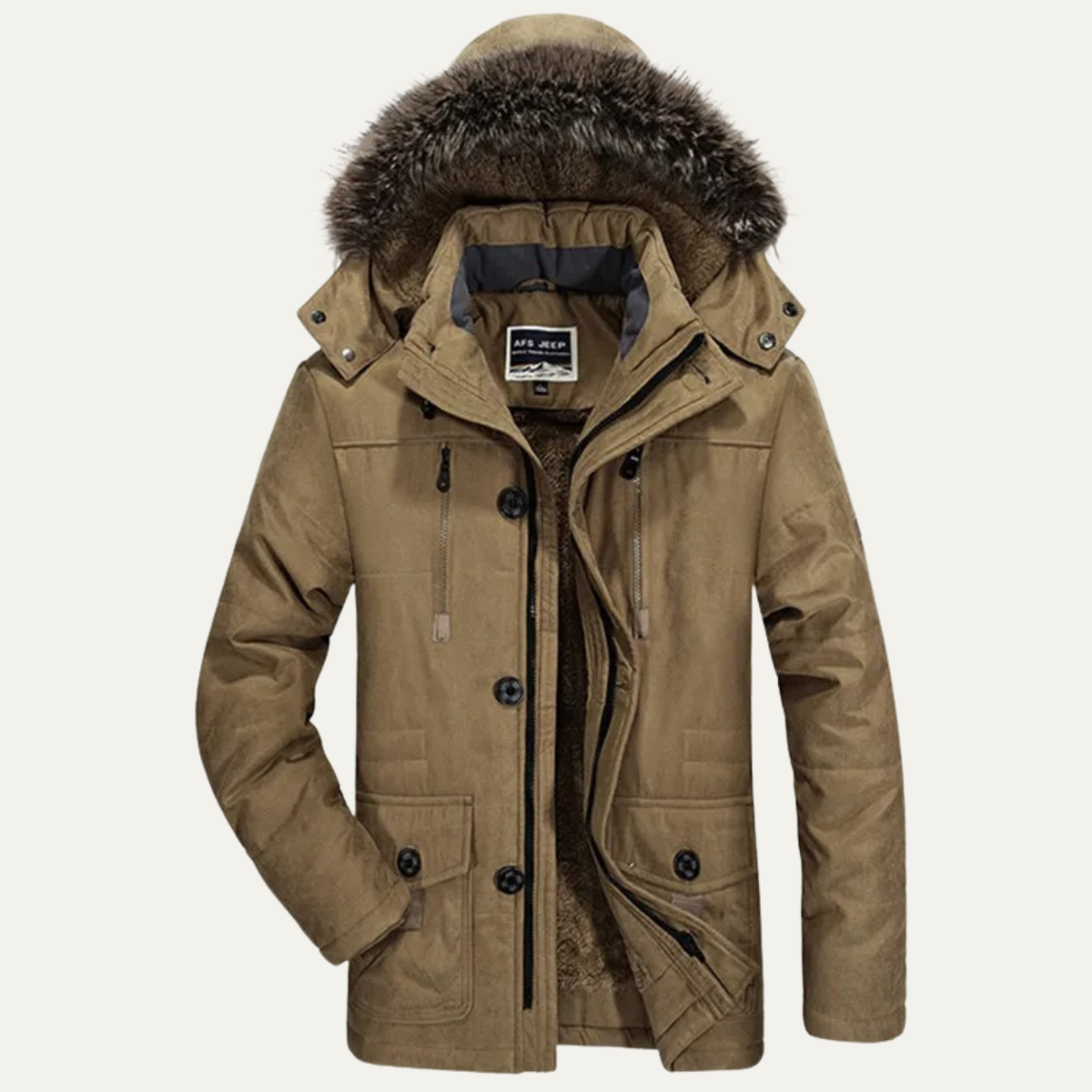 Men's Warm Hooded Fur Jacket Multi Pockets