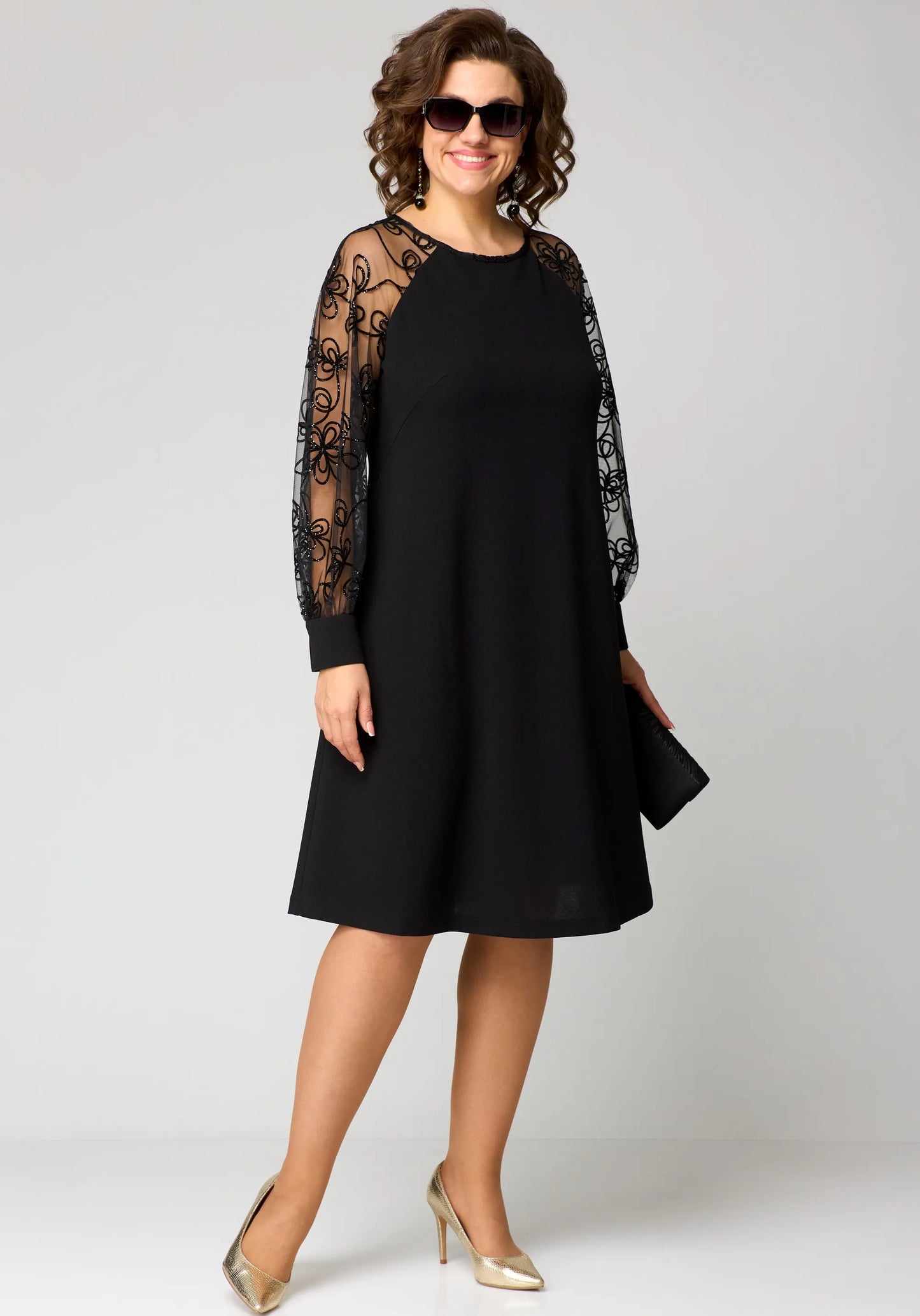 Elegant Lace-Sleeve Evening Gown