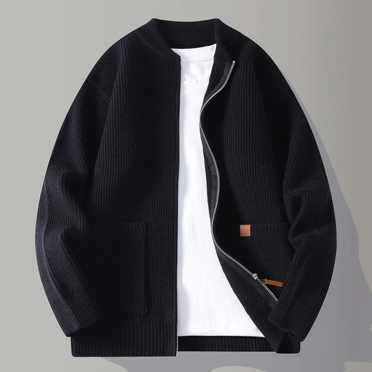 Men's Rib Knit Zip Cardigan Casual Stand Collar