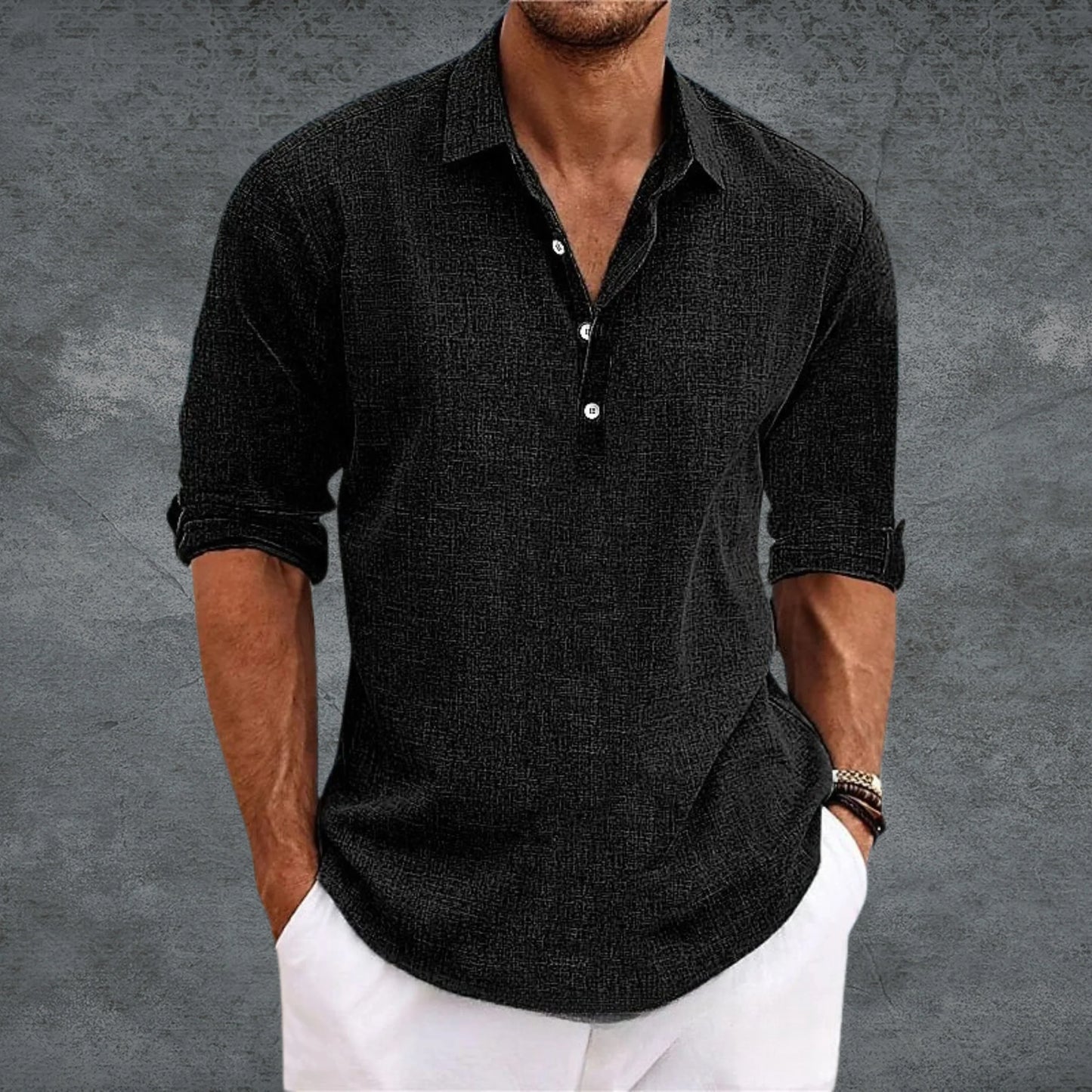 Men's Half-Button Collared Shirt Long Sleeve Roll-Up