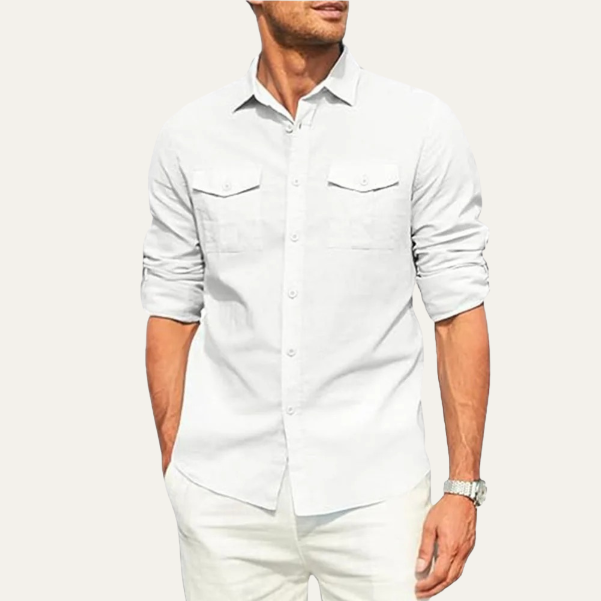 Men's Cotton Linen Cargo Shirt Double Pocket Button Up