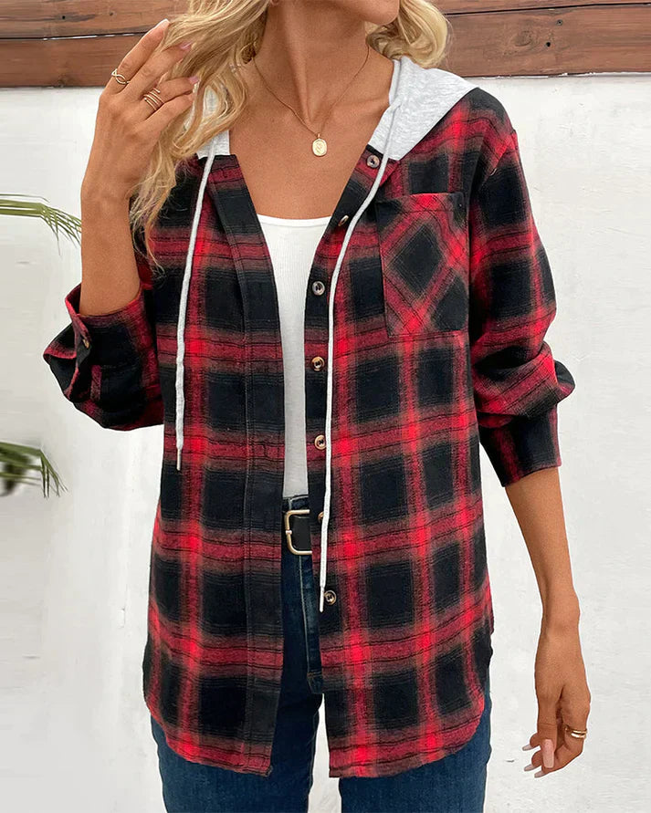 Women's Hooded Checkered Jacket Cozy Fall Outerwear