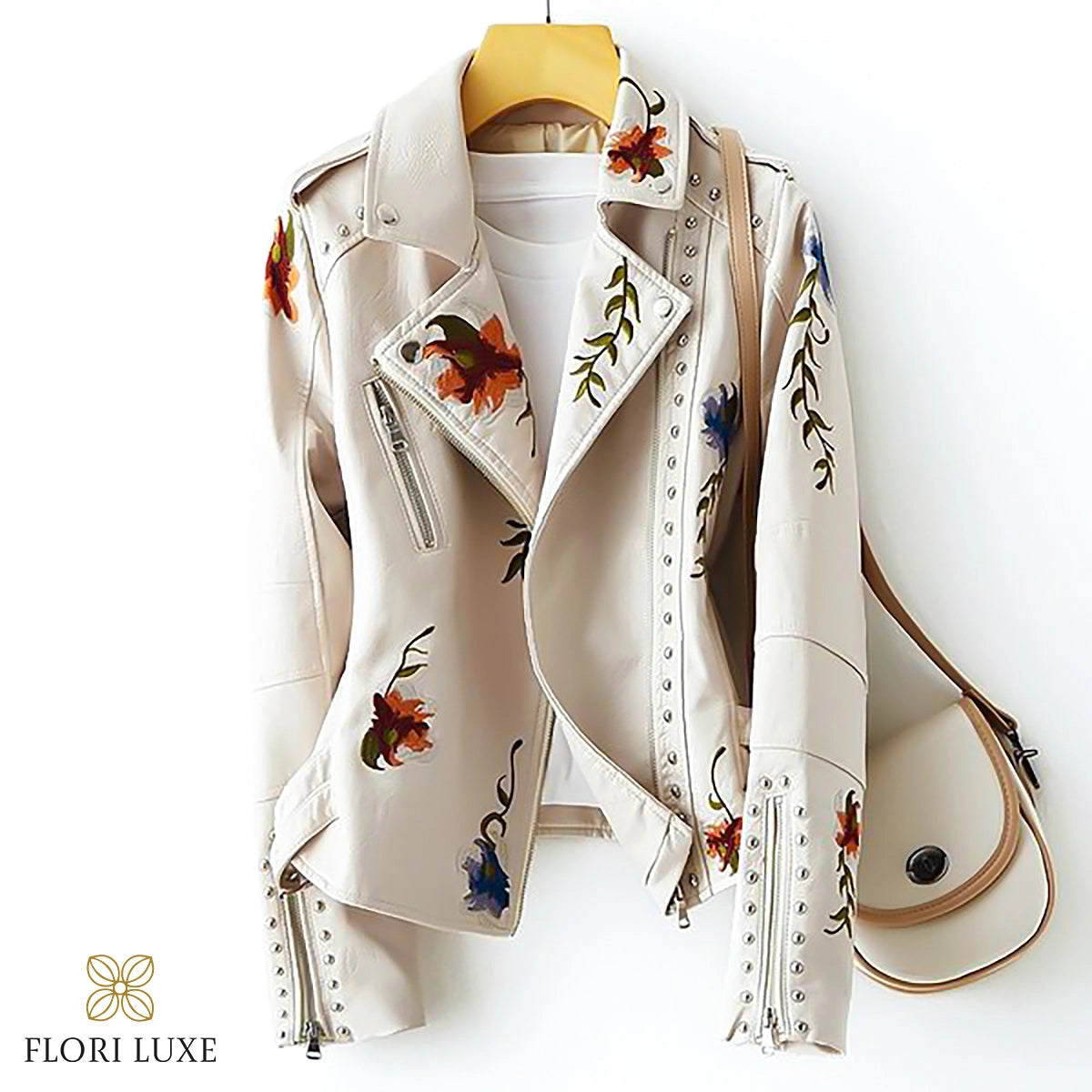 Women's Leather Jacket Floral Embroidered Black