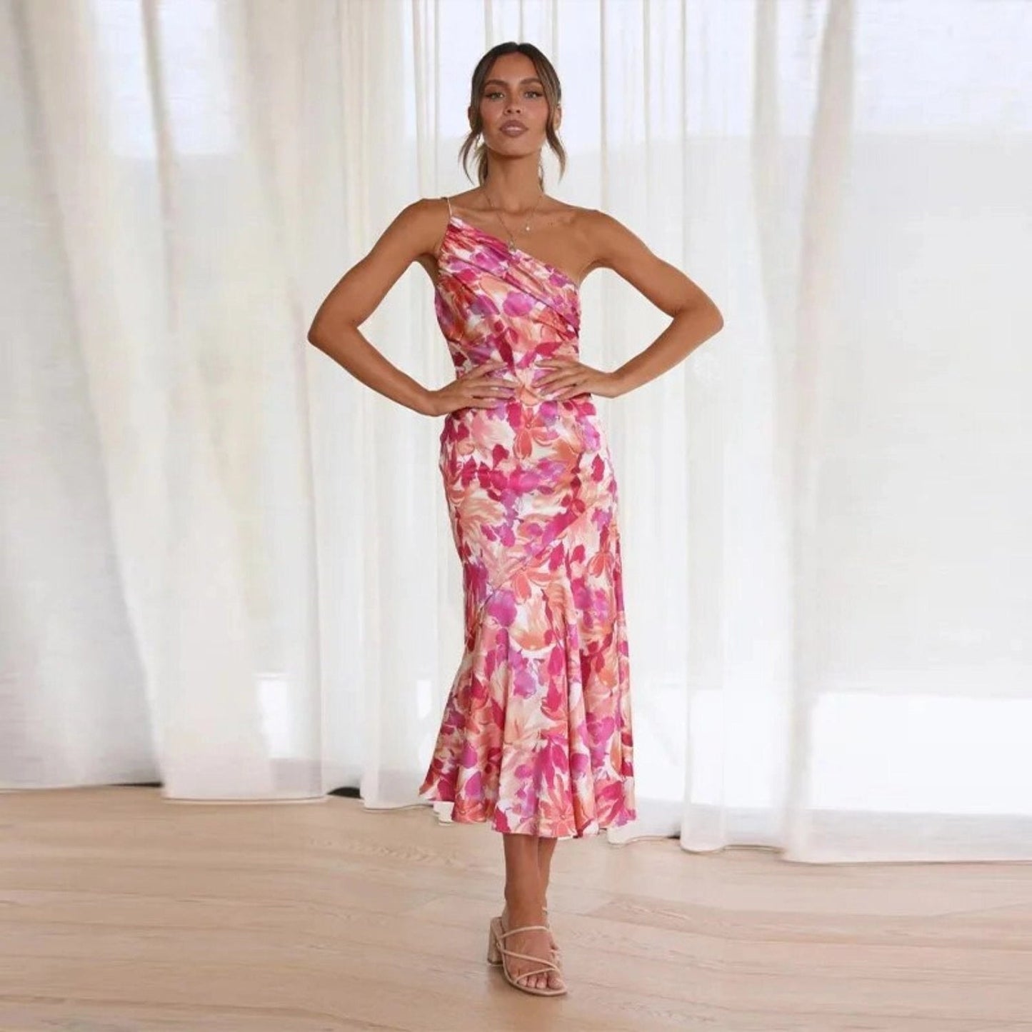 Women's Floral Asymmetric Midi Dress