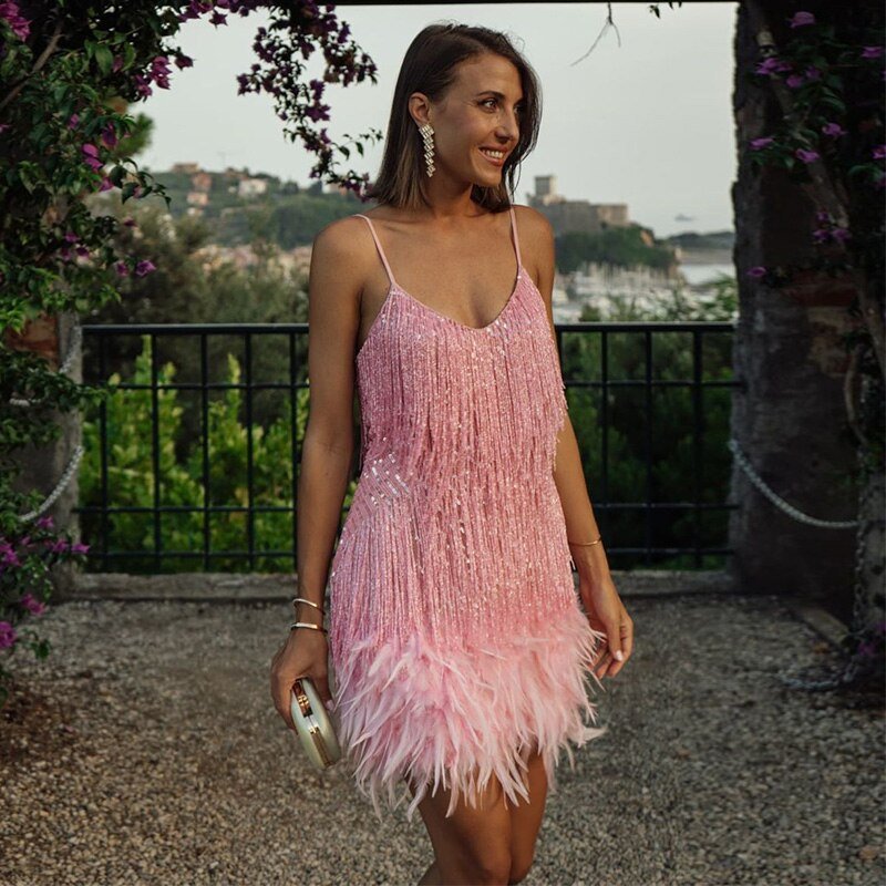Women's Feather Mini Dress Glamorous Playful