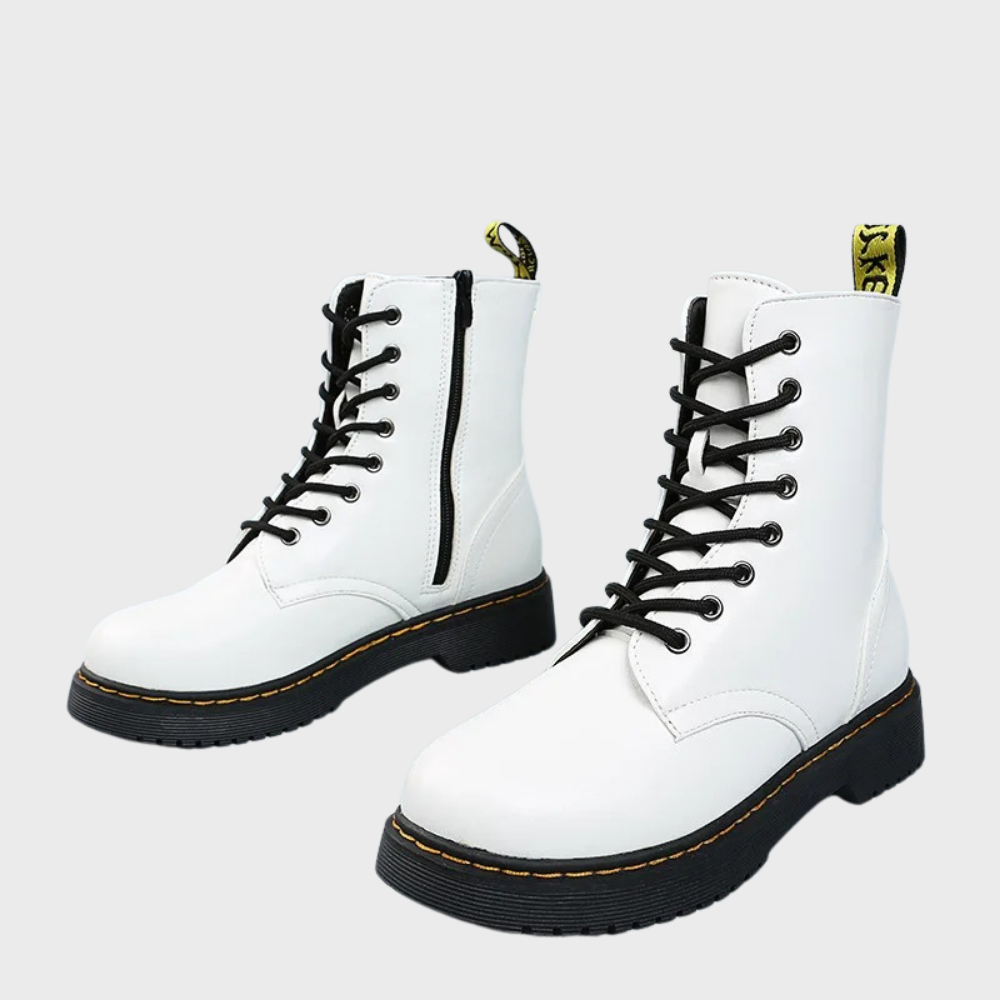 Women's Combat Boots Lace-Up Leather Side Zipper Black