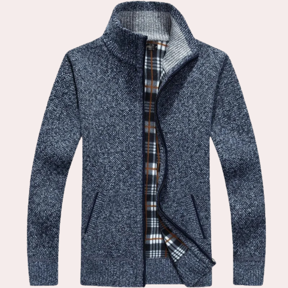 Men's Knitted Cardigan Plaid Mock Neck Zip Up