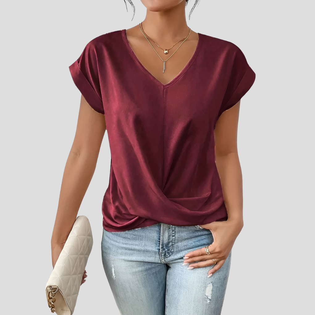 Women V Neck Blouse Draped Hem