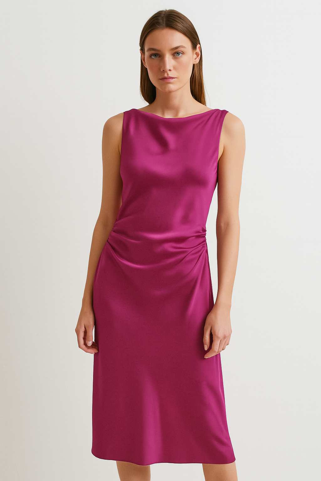 Women's Fuchsia Satin Midi Dress with Side Draping