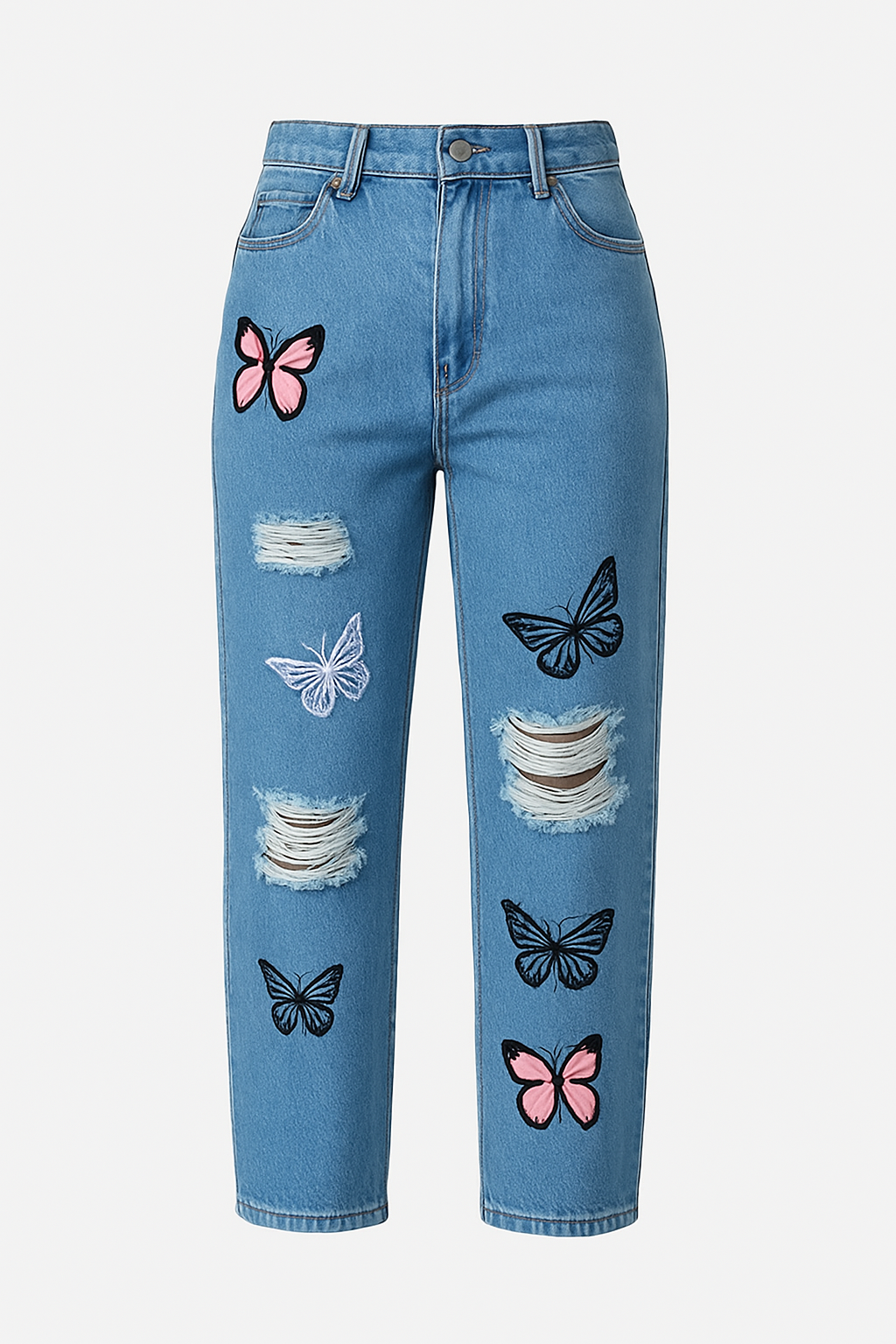 Women's High Waist Distressed Denim Jeans Straight Leg Ripped Details
