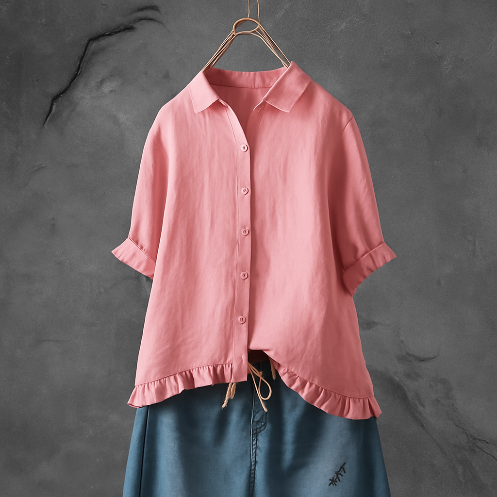 Women's Cotton Blouse Button Down Ruffled Hem