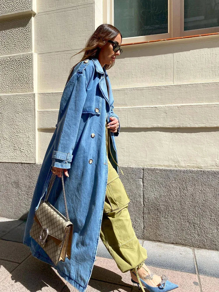 Women's Denim Trench Coat Oversized Buttons Blue