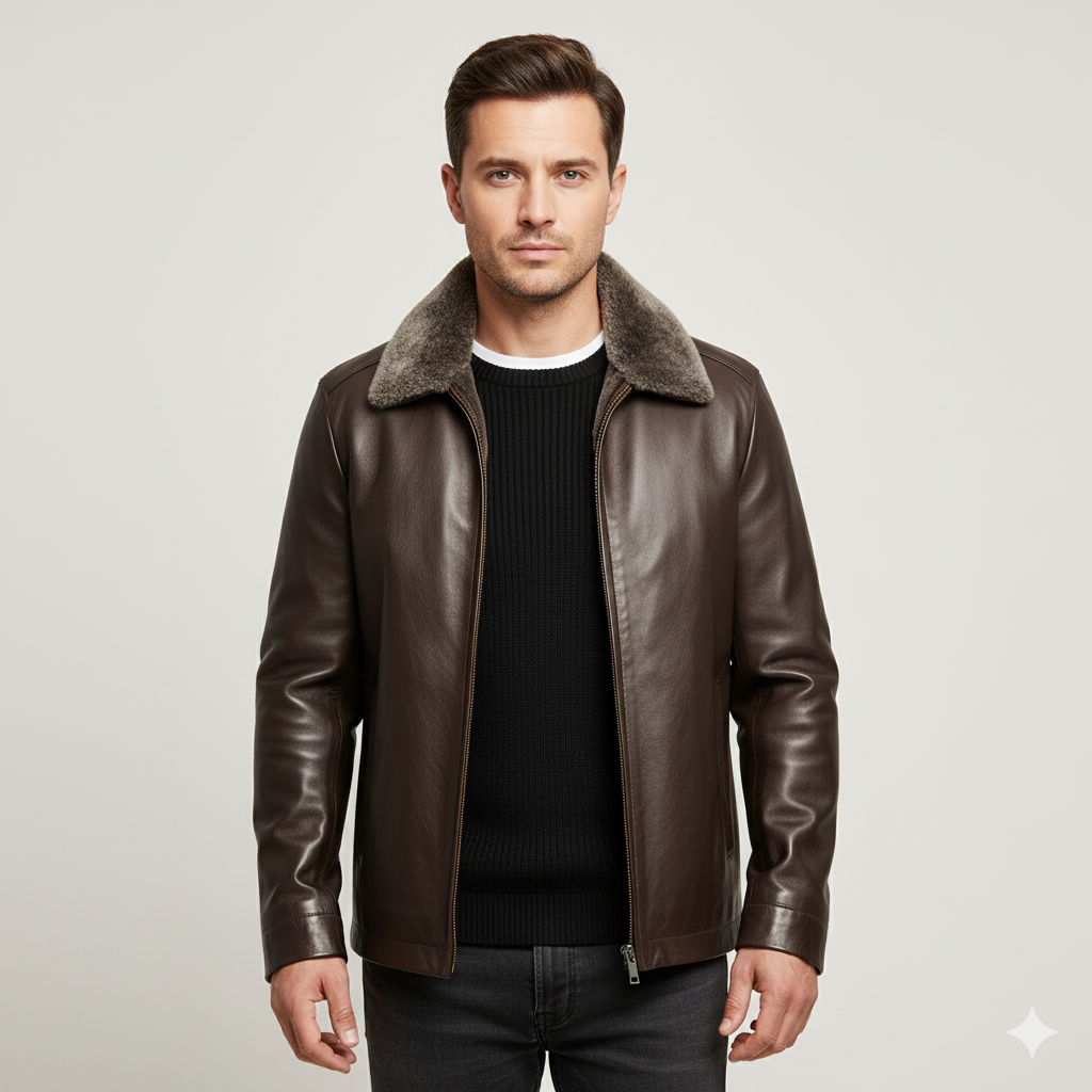 Men's Leather Motorcycle Jacket Fleece Lined Warm Winter Coat