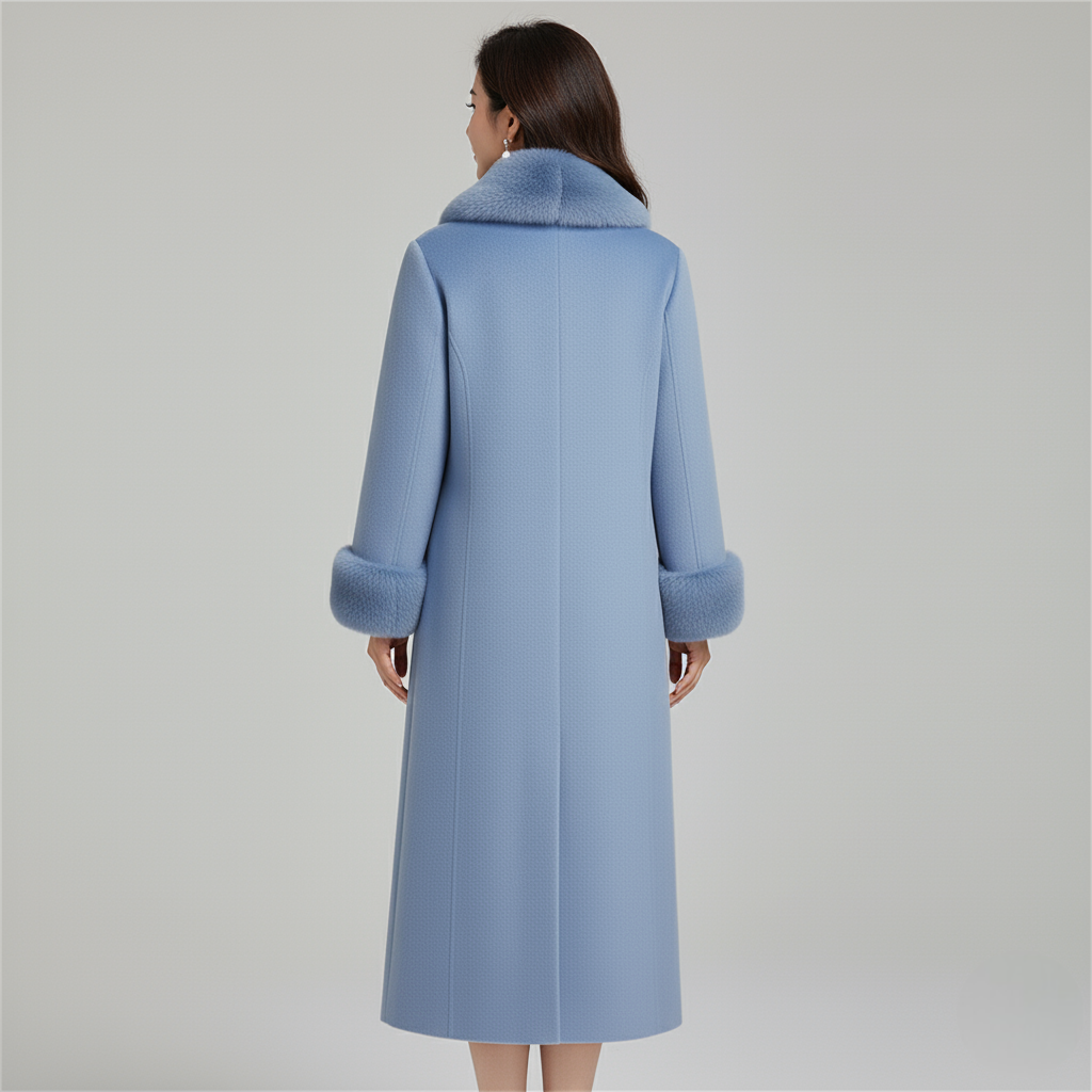 Women's Blue Wool Blend Long Winter Coat Faux Fur Collar