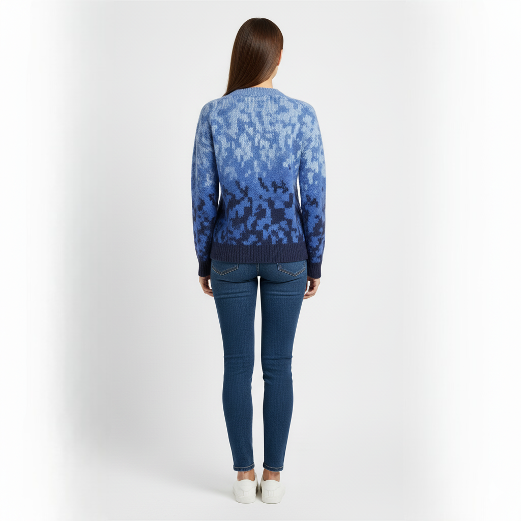 Women's Blue Crew Neck Sweater Jacquard Knit