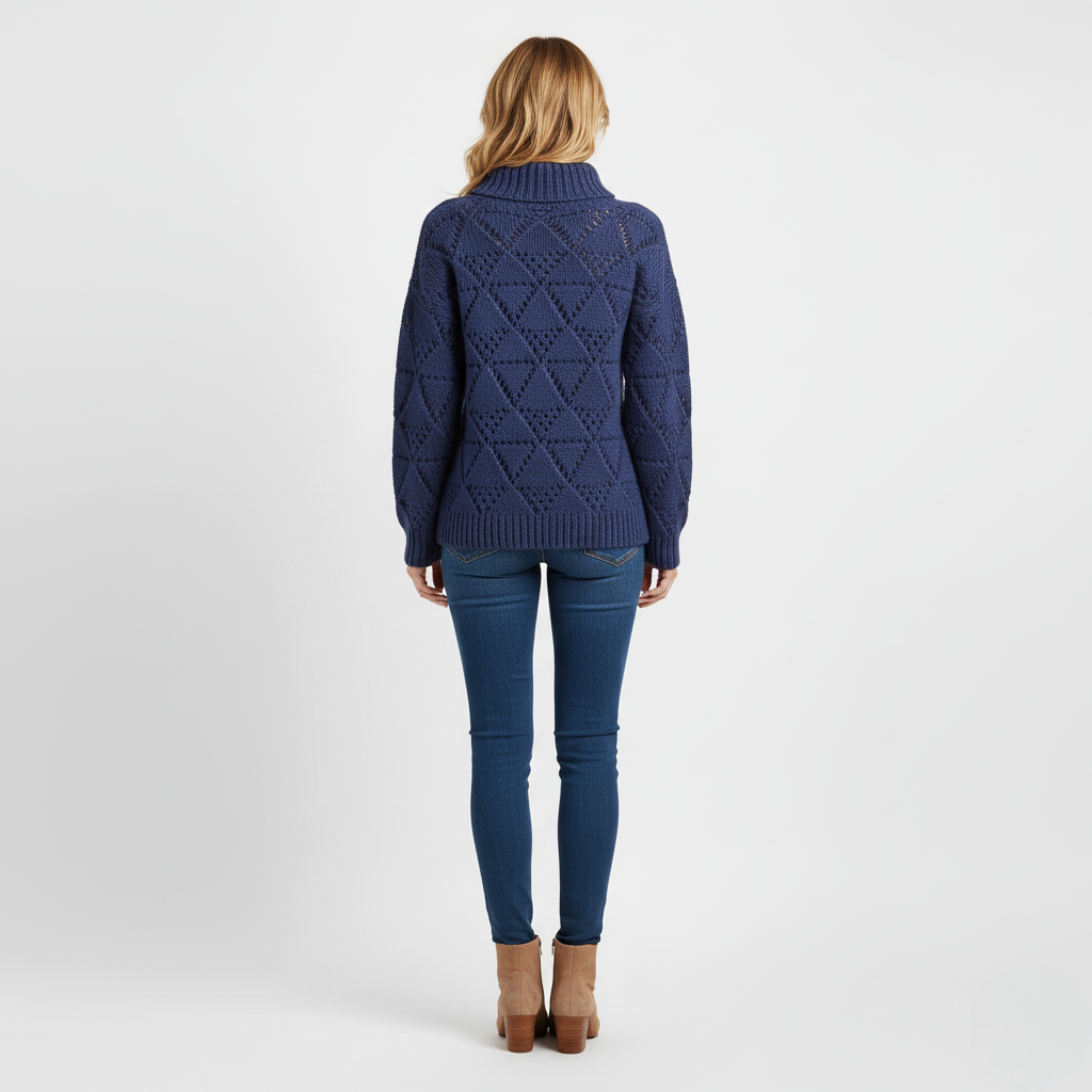Women's Blue Chunky Knit Sweater Diamond Texture
