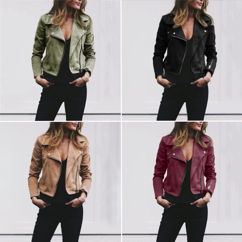 Women's Leather Asymmetrical Zip Jacket Lapel Collar Black