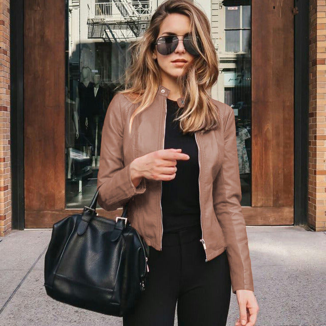 Women's Slim Fit Biker Jacket Zipper Leather Black