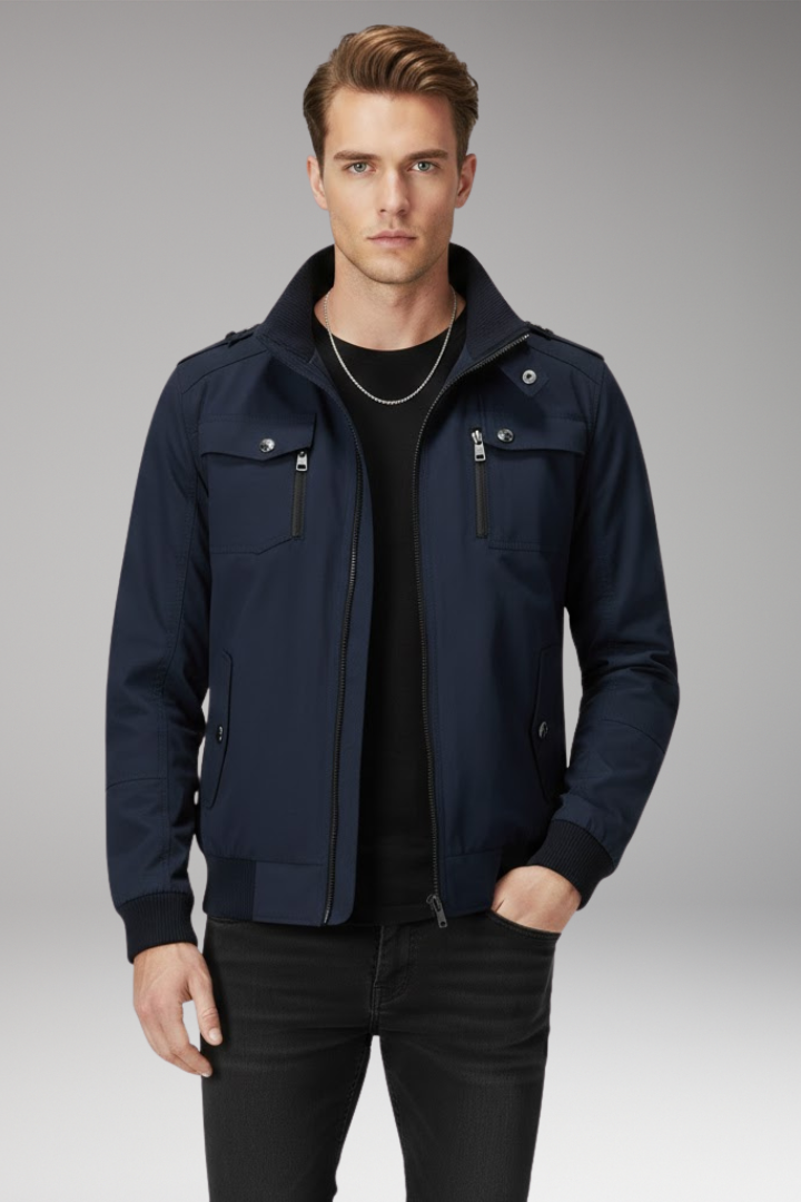 Men's Bomber Jacket Ribbed Hem Stand Collar