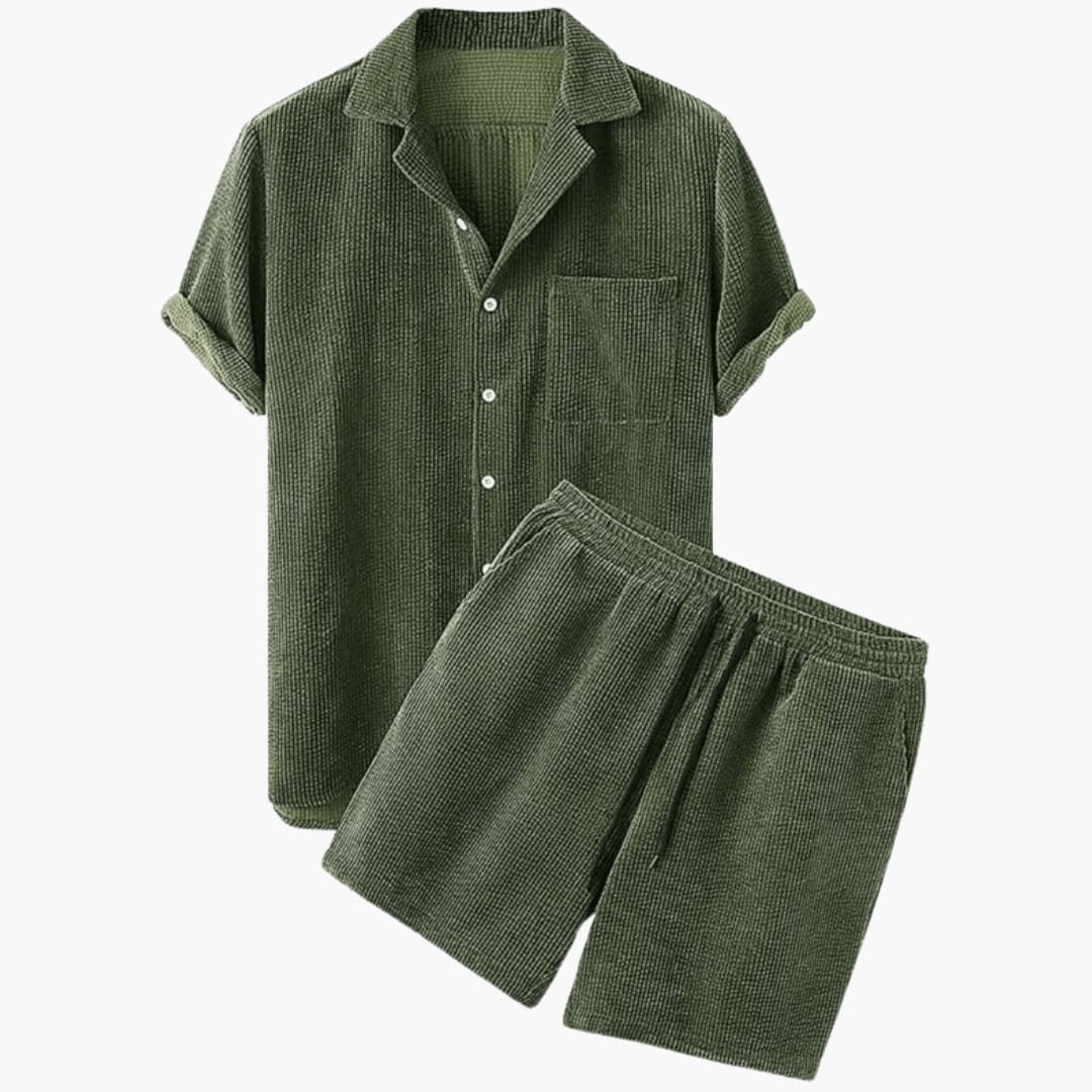 Men's Corduroy Short Sleeve Shirt And Shorts Set
