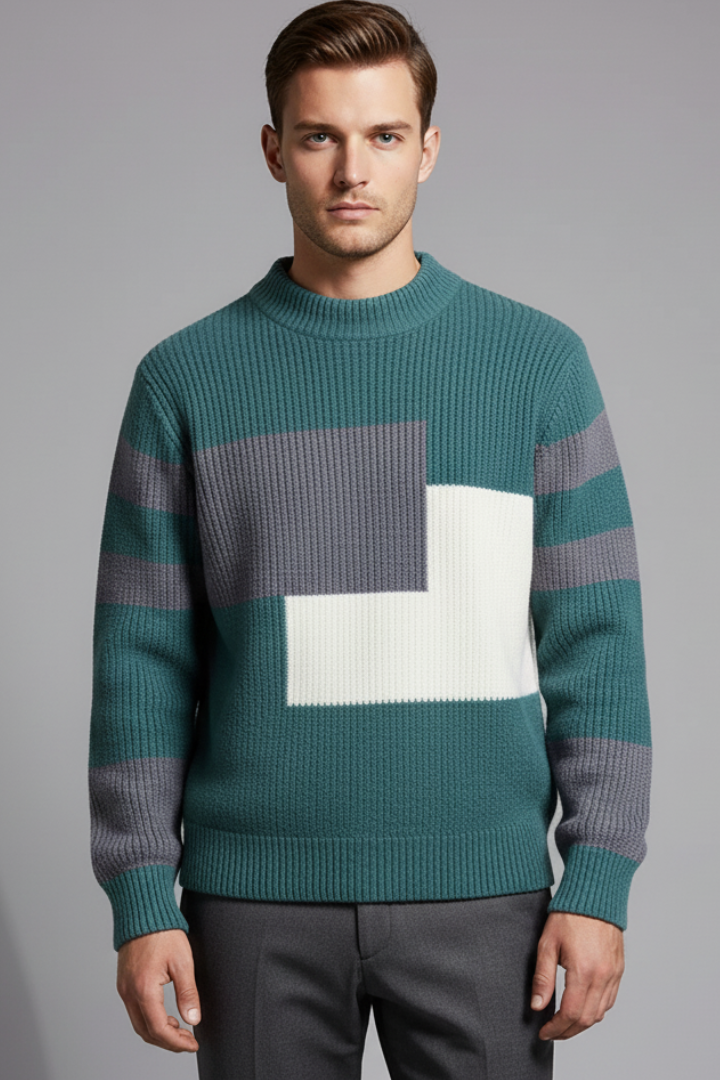 Men's Geometric Sweater High Neck Ribbed Knit