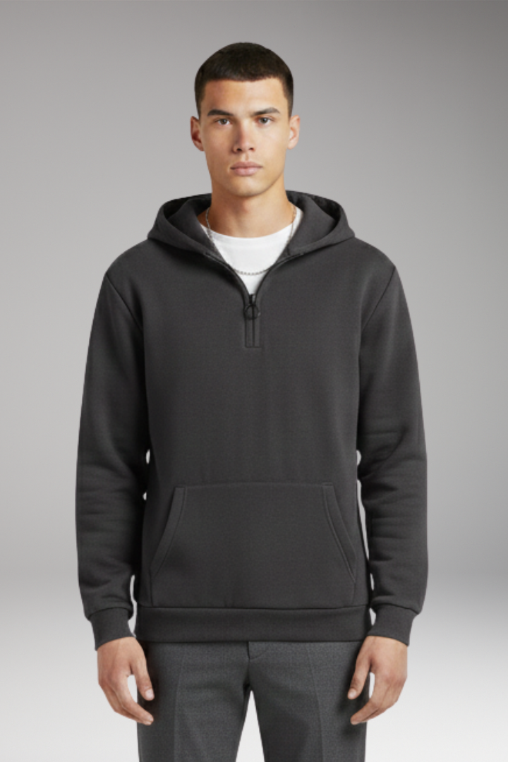 Men's Half-Zip Hoodie Cotton Front Pocket Black