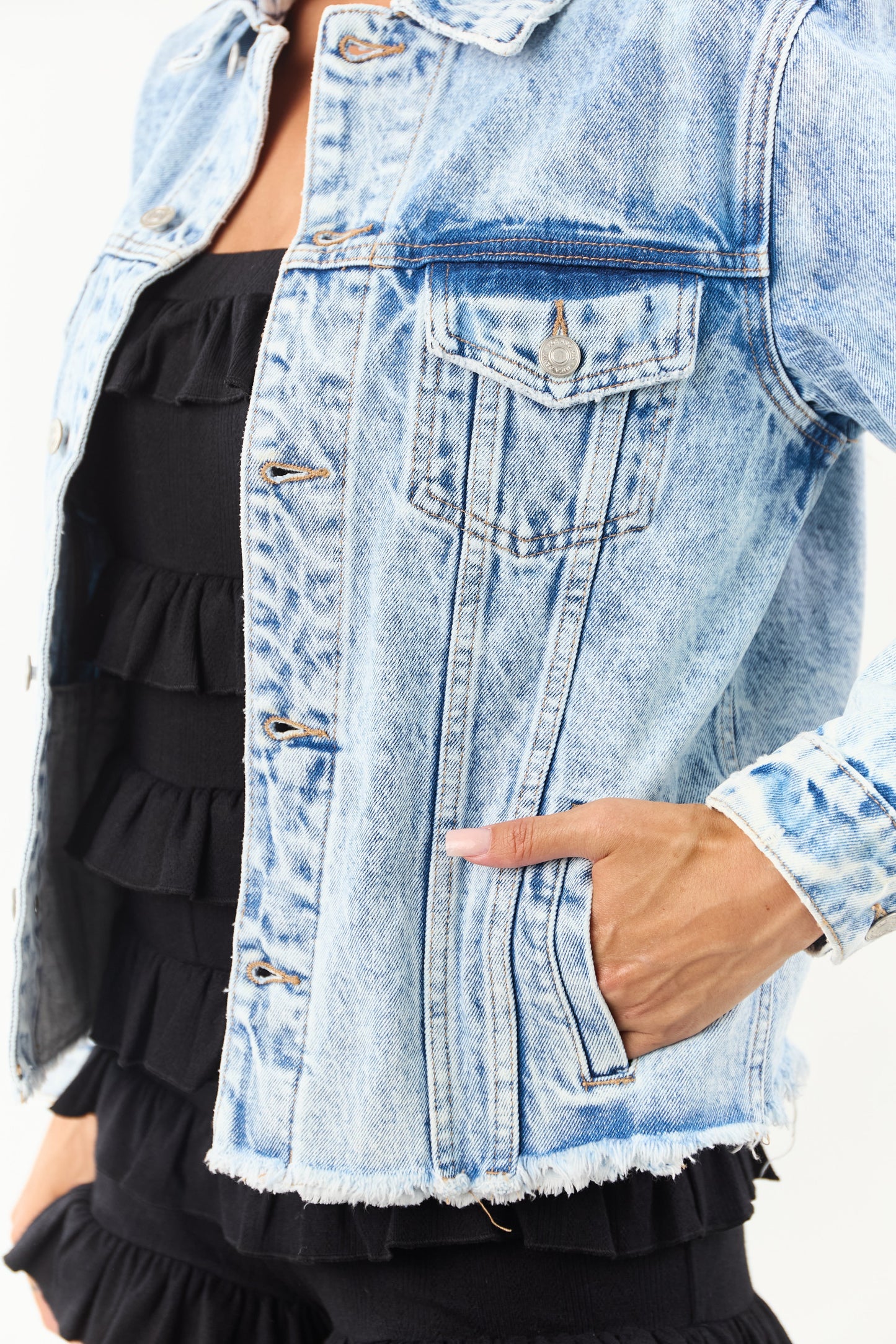 Women's Denim Jacket Acid Wash Button Down Blue