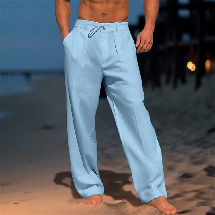 Men's Full-Length Drawstring Pants Cotton Pleated Side Pockets Beige